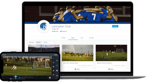 hudl profile and footage for soccer team on a laptop and phone
